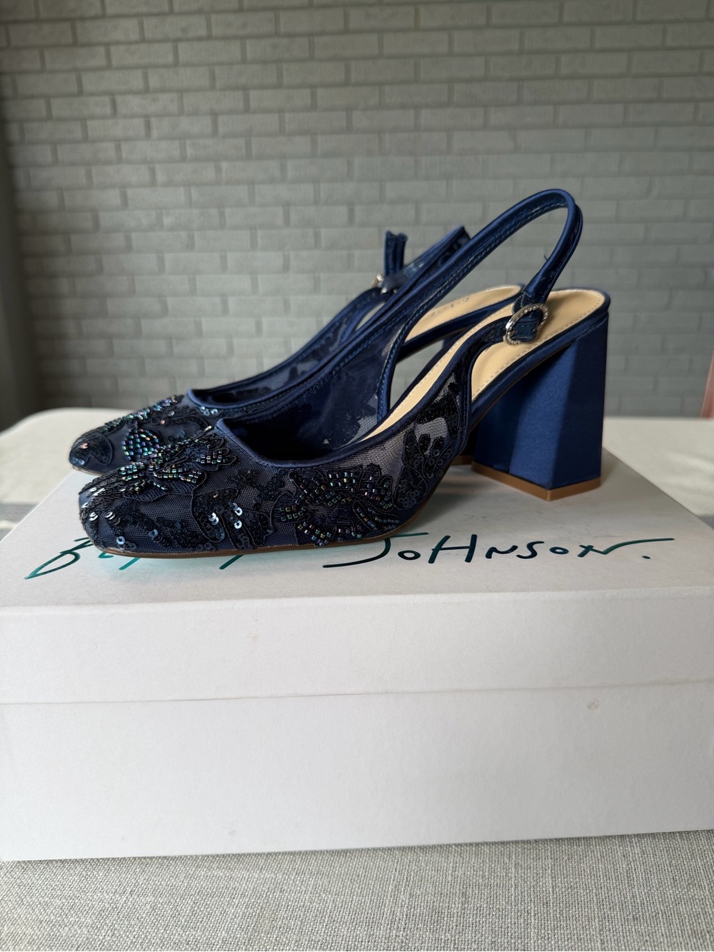 New Betsey Johnson Beaded Navy Slingback Block Heel Pumps Size 7.5 Wedding Prom